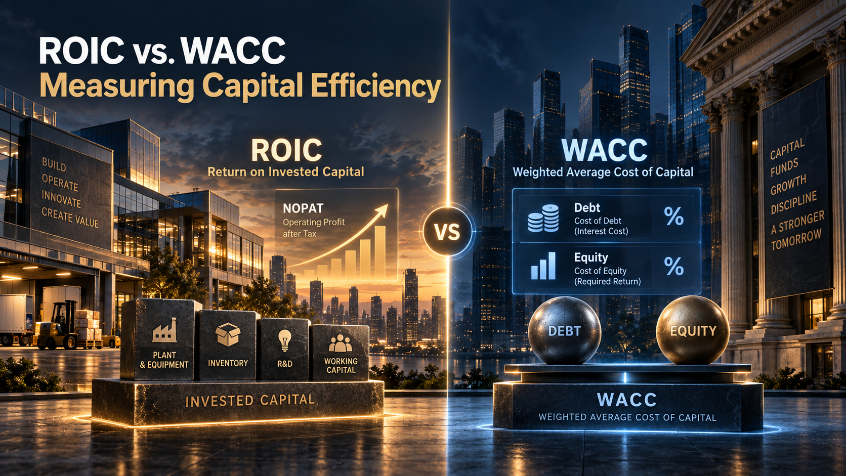 ROIC versus WACC comparison showing return on invested capital and weighted average cost of capital.