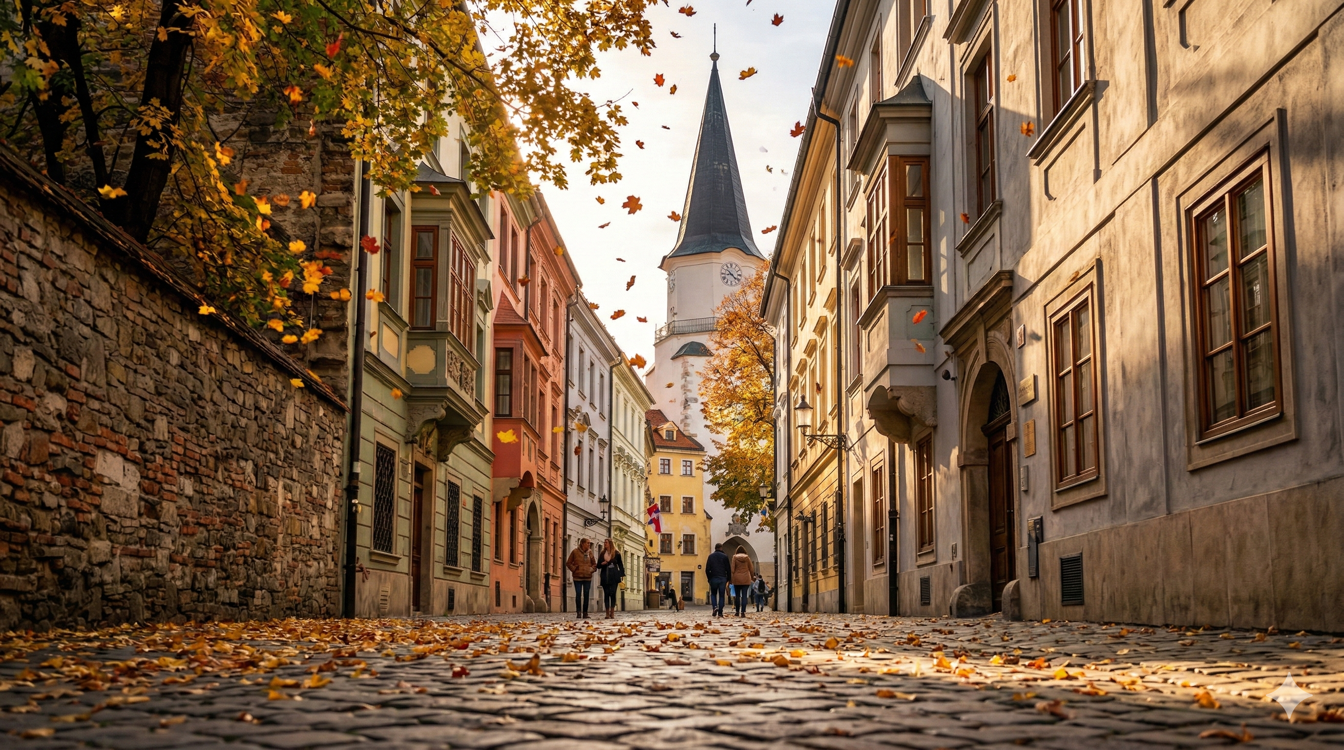 황금빛 가을 단풍으로 물든 10월의 슬로바키아 브라티슬라바 구시가지 풍경