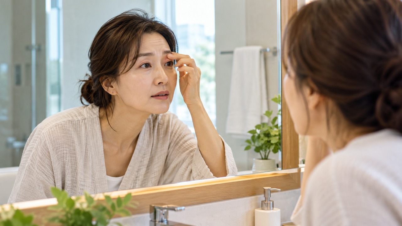 밝은 욕실에서 거울을 보며 눈꺼풀을 확인하는 여성
