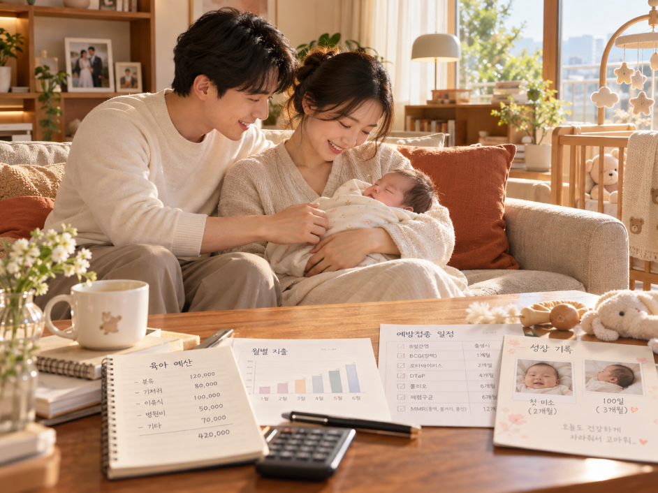 따뜻한 거실에서 아기를 안고 미소 짓는 부모와 탁자 위의 육아 계획 메모