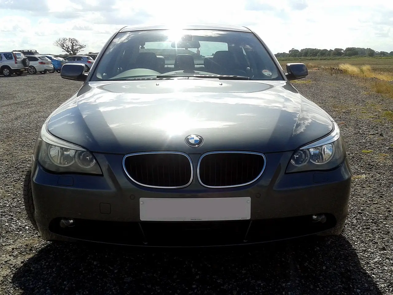 혼유사고- 회색 아스팔드 위 획색 승용차가 정면으로 서있는 모습