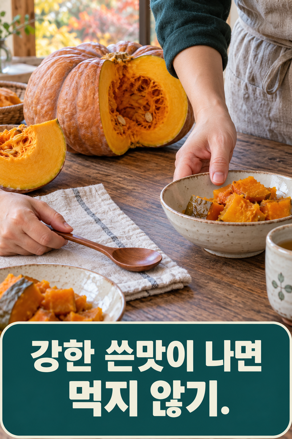 호박에서 평소와 다른 강한 쓴맛을 느끼면 숟가락을 내려놓는 장면.