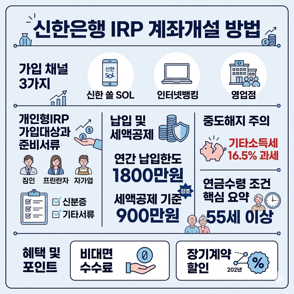 신한은행 IRP 계좌개설 방법|신한 쏠(SOL)·인터넷뱅킹·영업점 가입 절차 인포그래픽