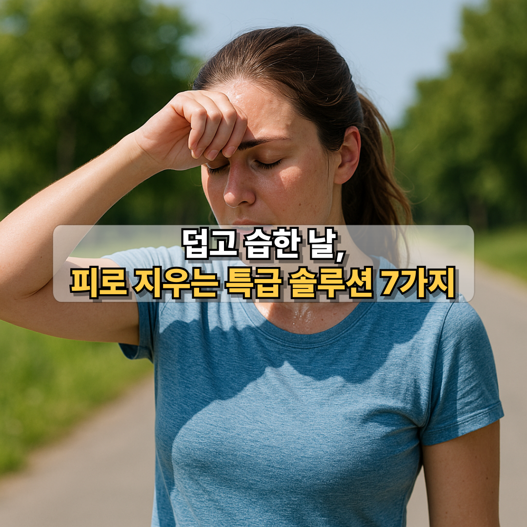 강한 햇빛 아래 야외에서 땀을 닦고 있는 여성, 무더위 속 피로감과 더위의 영향을 표현한 장면