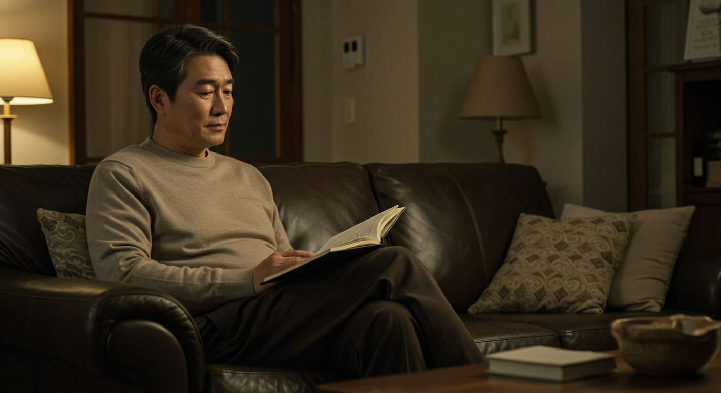 편안하게 앉아 자기를 돌아보는 남성