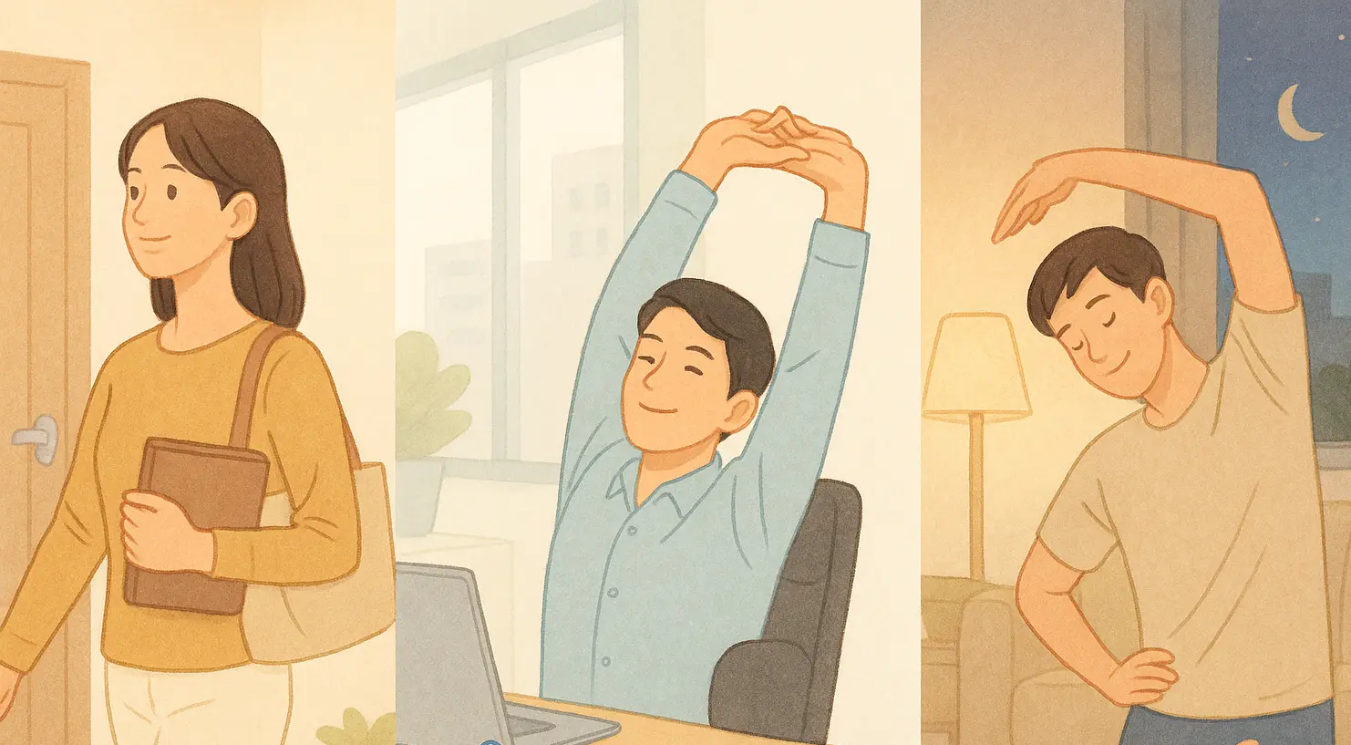 바른 자세를 유지하며 걸어가는 여성, 책상에서 스트레칭하는 직장인, 저녁에 스트레칭을 하는 모습
