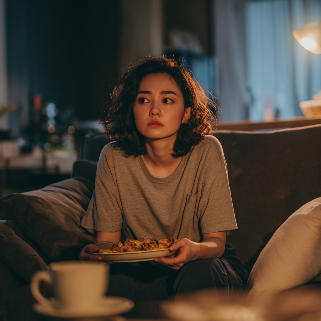 밤에 음식을 든 접시를 들고있는 여성, 실사형 이미지