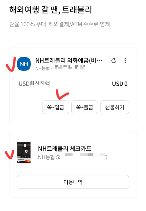 트래블리 계좌와 카드가 확인 됨