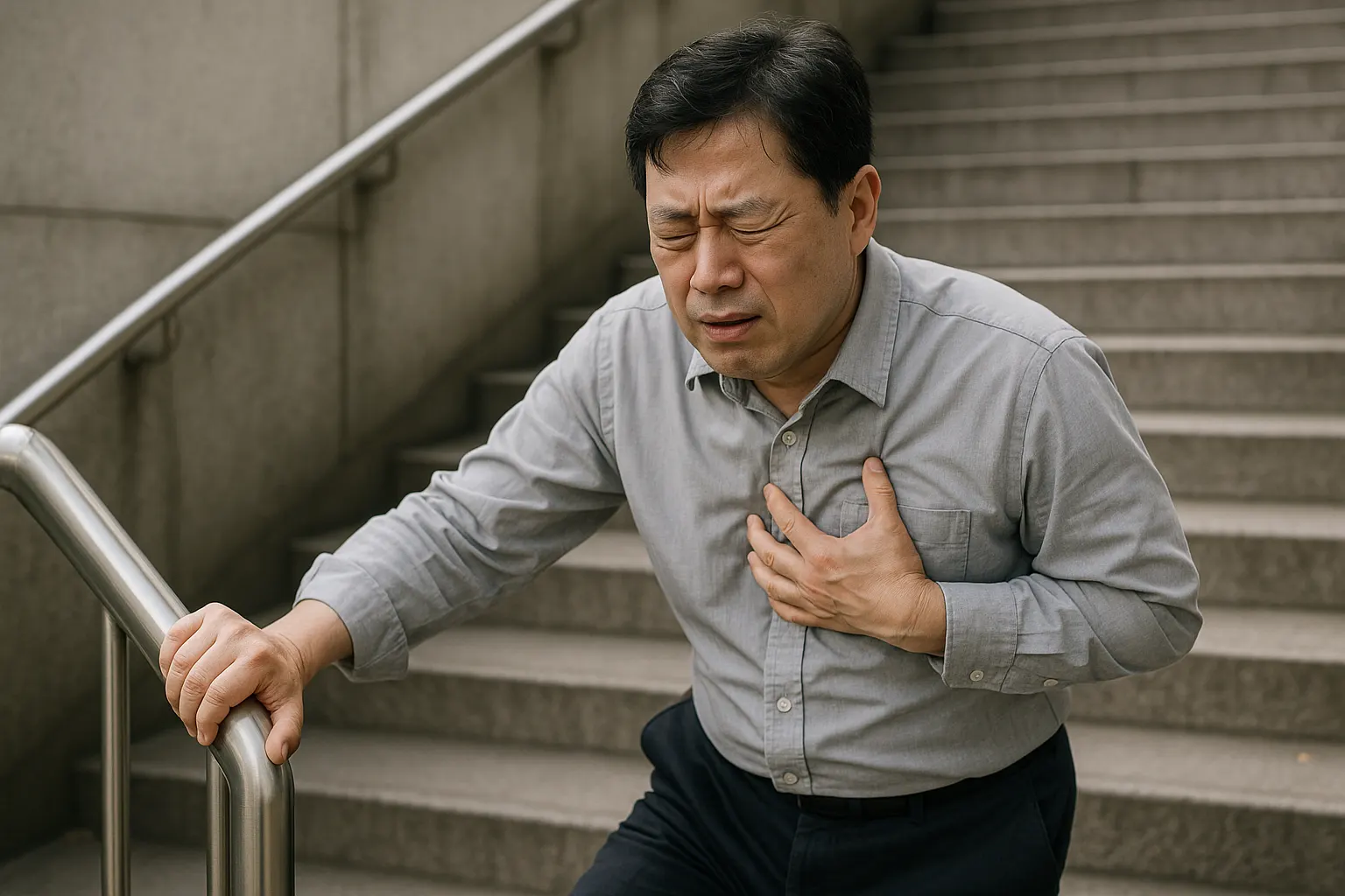 계단을 오르던 중 가슴을 쥐어짜듯 움켜쥐며 힘들어하는 중년 남성