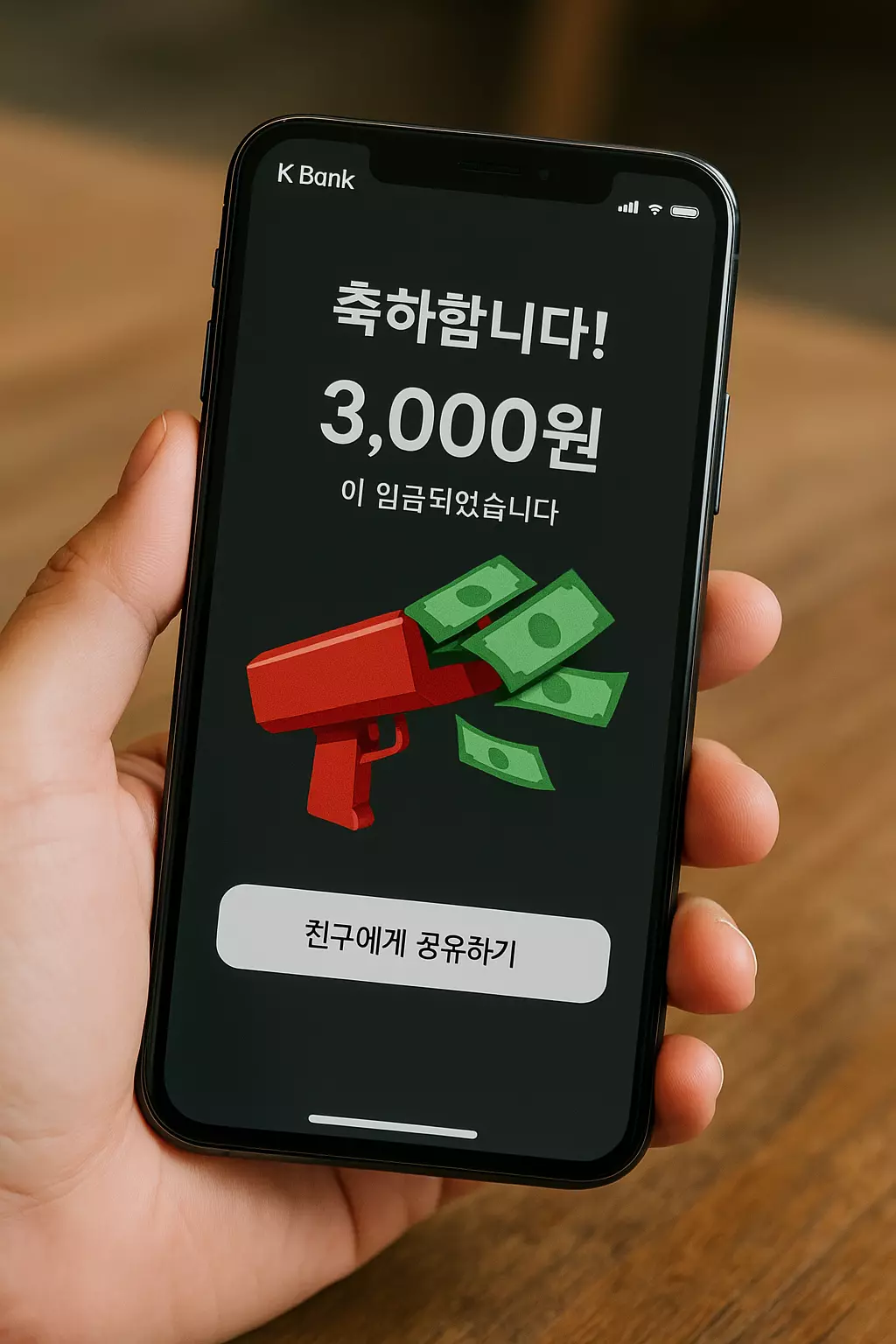 케이뱅크 앱 화면에서 &lsquo;축하합니다! 3,000원이 입금되었습니다&rsquo;라는 문구와 함께 빨간색 머니건에서 돈이 튀어나오는 애니메이션 이미지. 하단에는 '친구에게 공유하기' 버튼이 있음