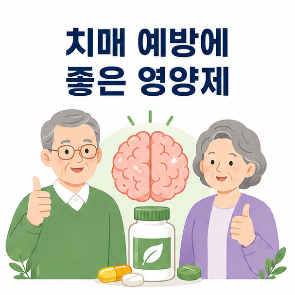 중장년과 노년 인물, 뇌 아이콘과 영양제 용기로 표현한 치매 예방 영양제 안내