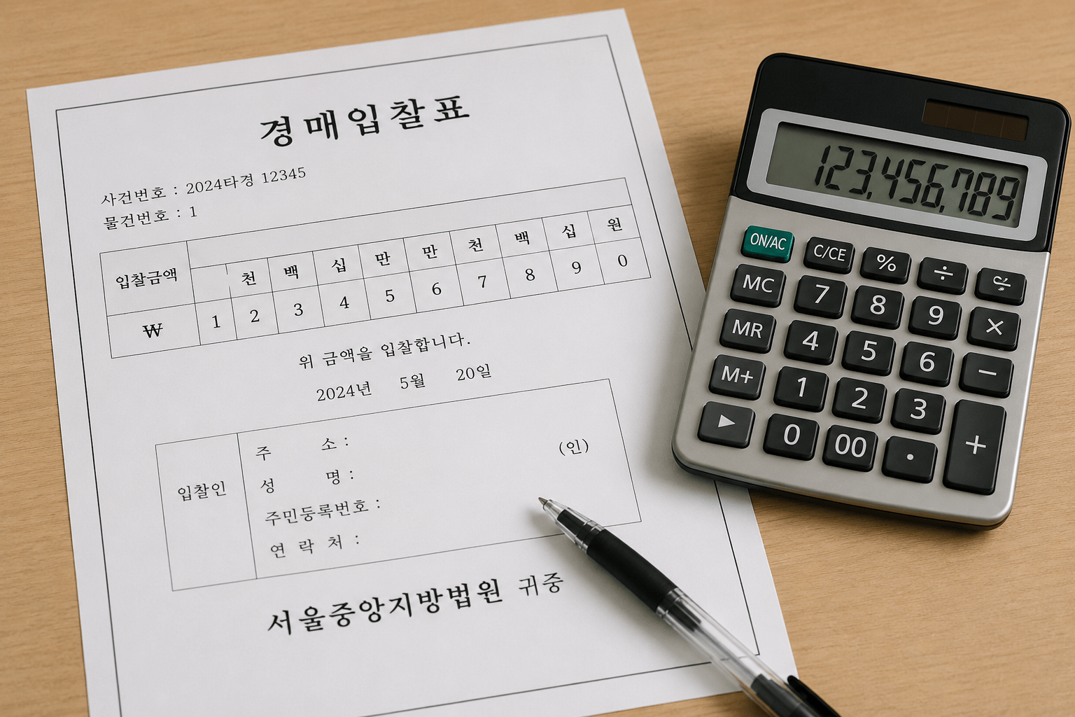 경매 입찰표와 계산기 사진