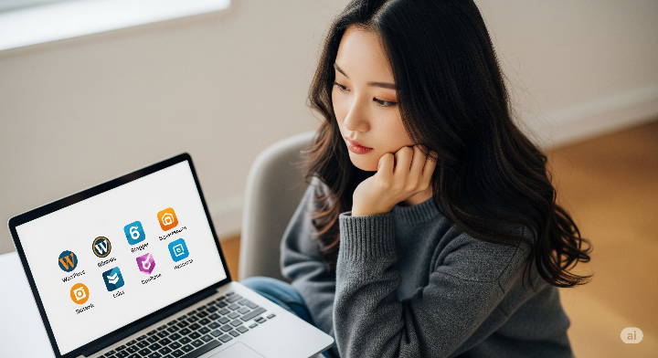 여성이 다양한 블로그 플랫폼 아이콘이 보이는 노트북 화면을 보며 고민하는 모습