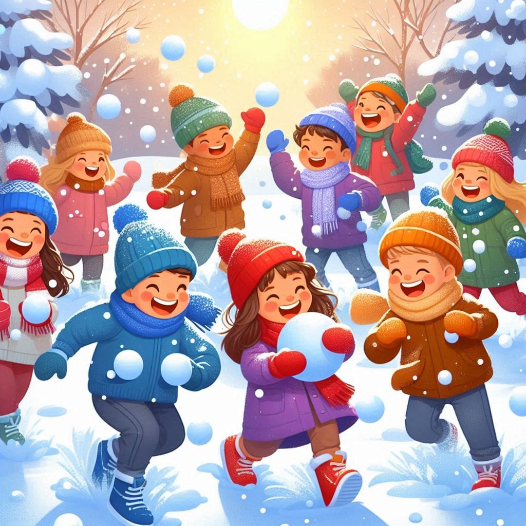 즐겁게 눈싸움 하는 아이들의 모습