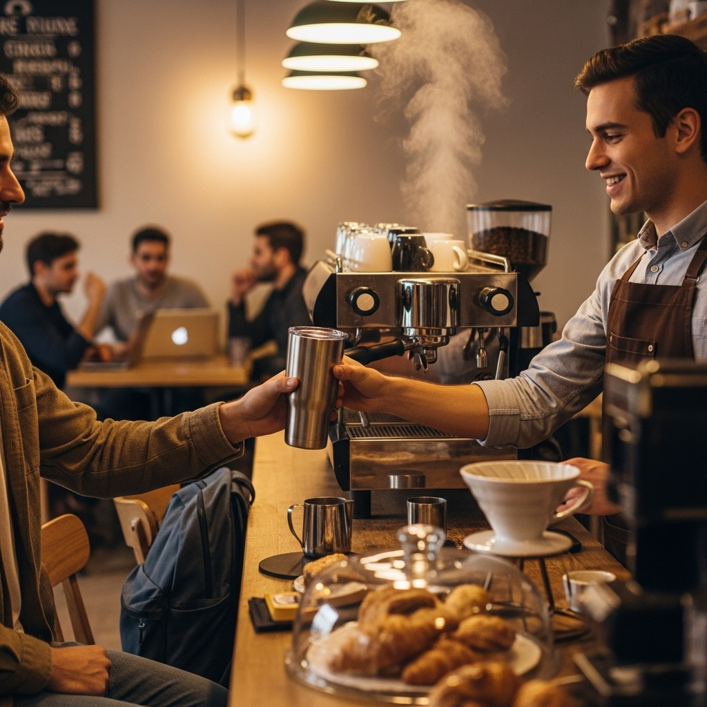 카페에서 텀블러를 사용해 제로 웨이스트 주문을 실천하는 모습