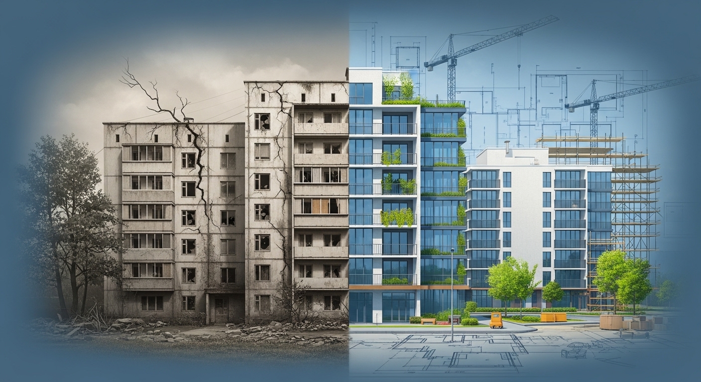 오래된 아파트 단지가 새롭게 재건축되거나 리모델링되는 과정을 상징하는 그림, 개선된 미래의 모습을 암시.