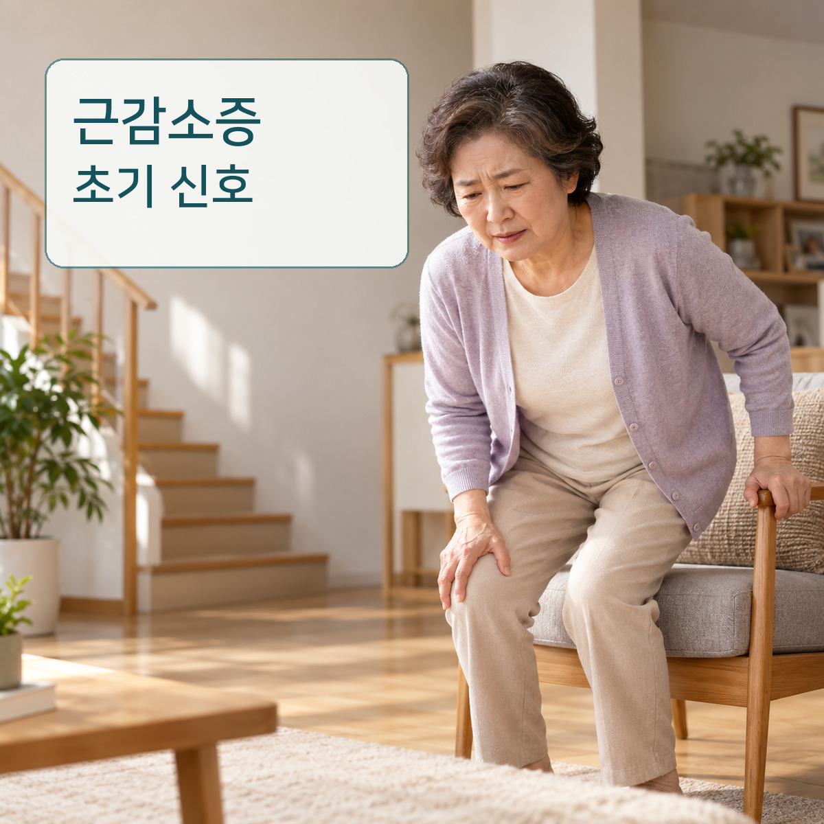 의자에서 일어나기 힘들어하는 노년 여성과 근감소증 초기 신호 문구