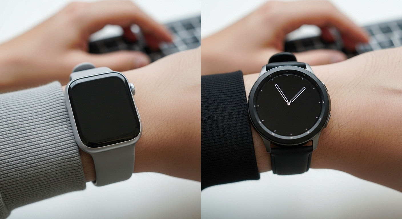 애플 워치11과 갤럭시 워치7을 나란히 착용한 손목이 두께와 손목 위 존재감 차이를 보여주는 비교 사진