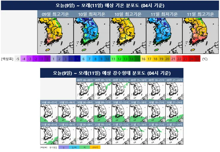 오늘~모레 예상 기온 및 강수지역 분포도