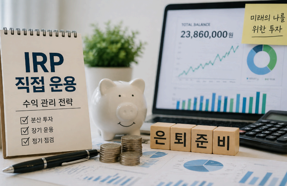 퇴직연금 IRP 직접 운용과 수익 관리 전략을 보여주는 책상 위 재테크 이미지