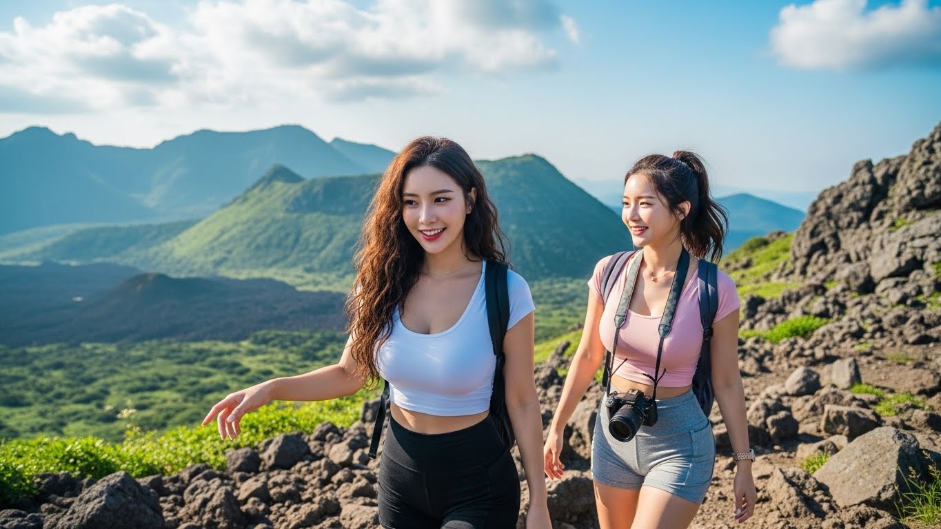 한라산 등반중인 여성들