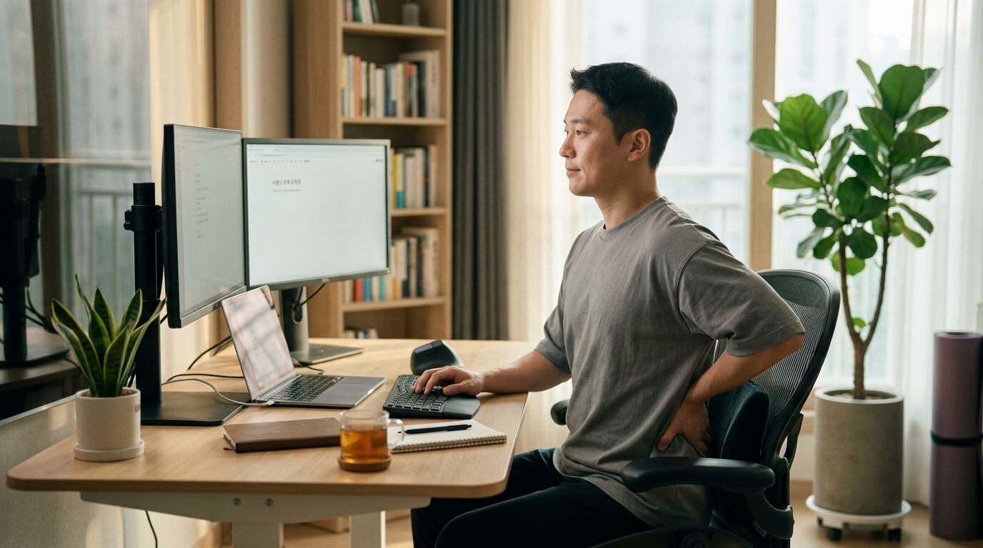 컴퓨터 작업 중 바른 자세를 유지하며 목과 어깨 스트레칭을 하는 직장인의 모습