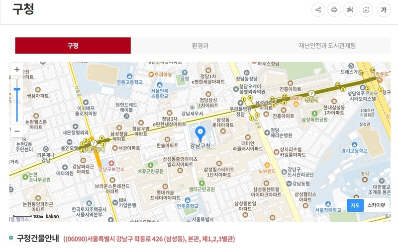 강남구청 위치를 지도에 그린 도면