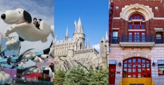 스누피 모양의 놀이기구와 중세시대의 궁전 사진