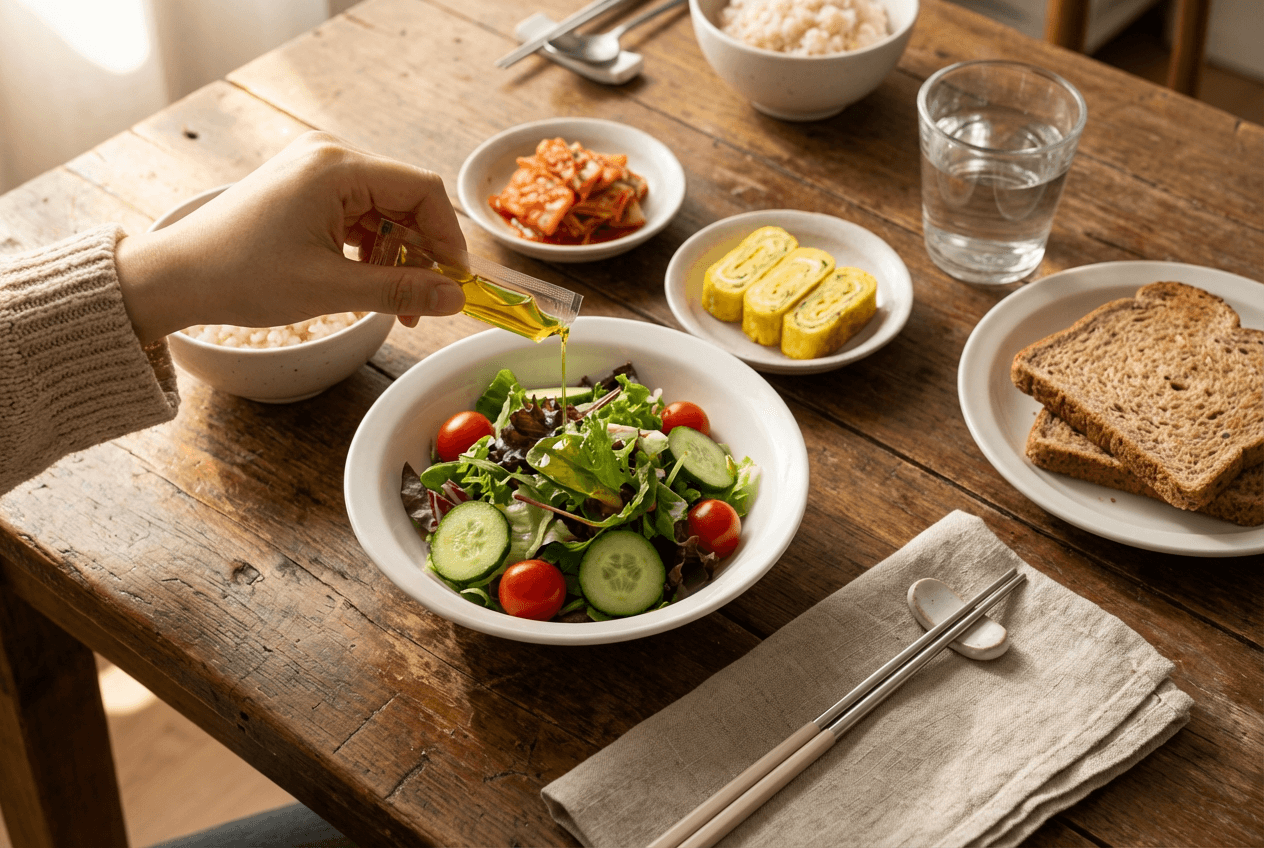 아침 식탁 위 샐러드 그릇에 올리브오일 스틱 한 포를 뜯어 뿌리는 손, 자연광이 들어오는 따뜻한 분위기