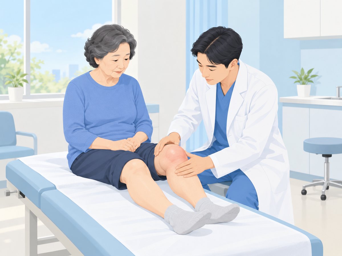 진찰 침대에서 의사가 부은 무릎을 두 손으로 살펴보는 장면