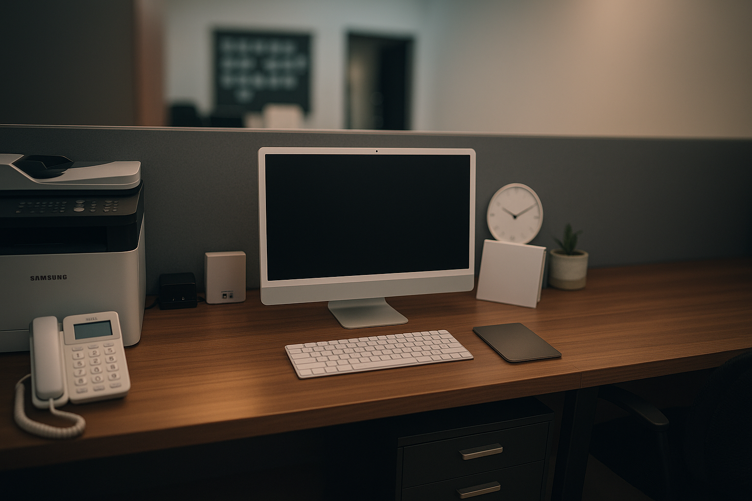 삼성 복합기와 아이맥이 있는 사무실 책상 전경