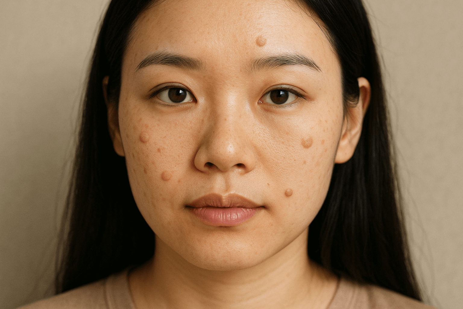 여성의 얼굴에 편평사마귀의 피부 질환을 앓고 있는 모습