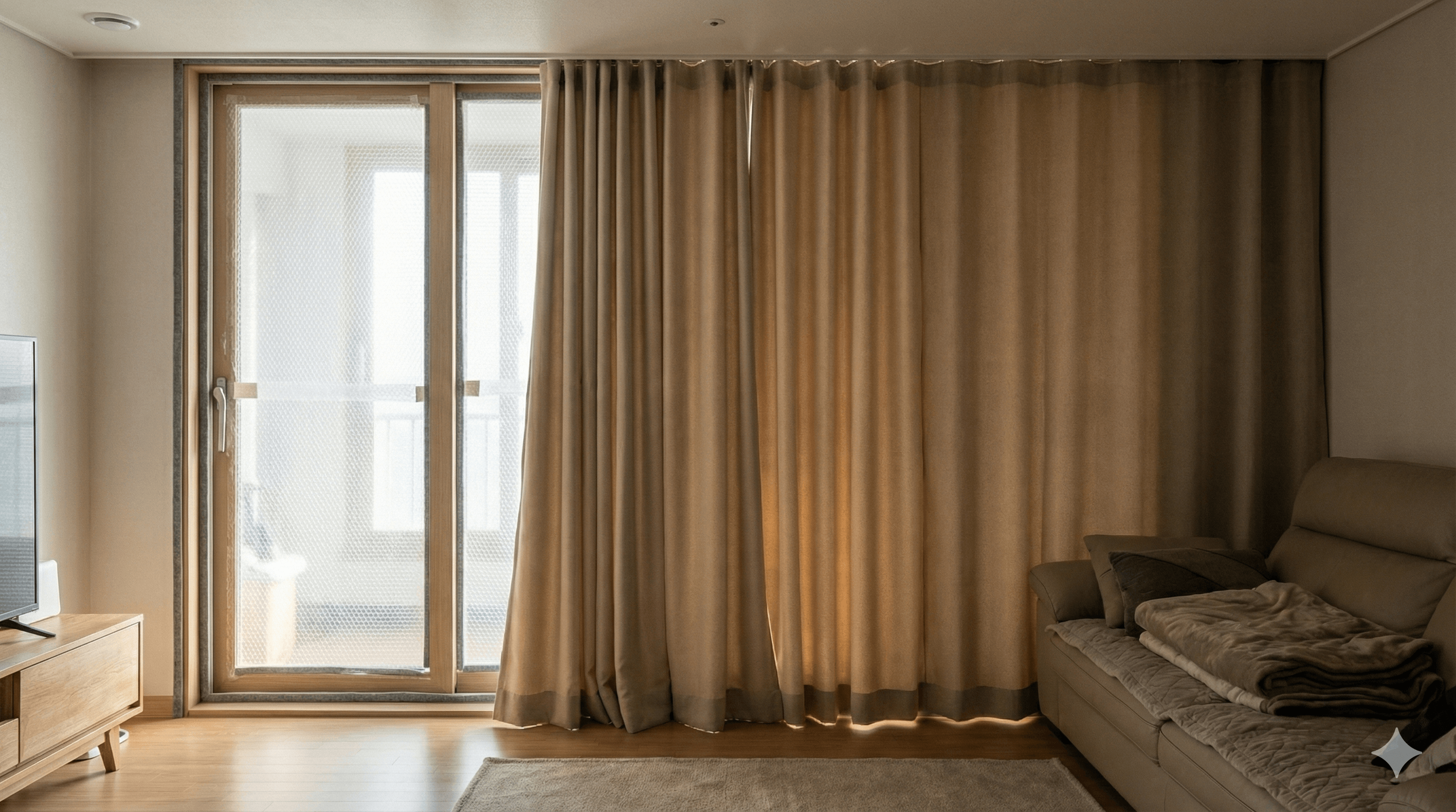 창문 단열 뽁뽁이 시공과 암막 커튼으로 열 손실 차단