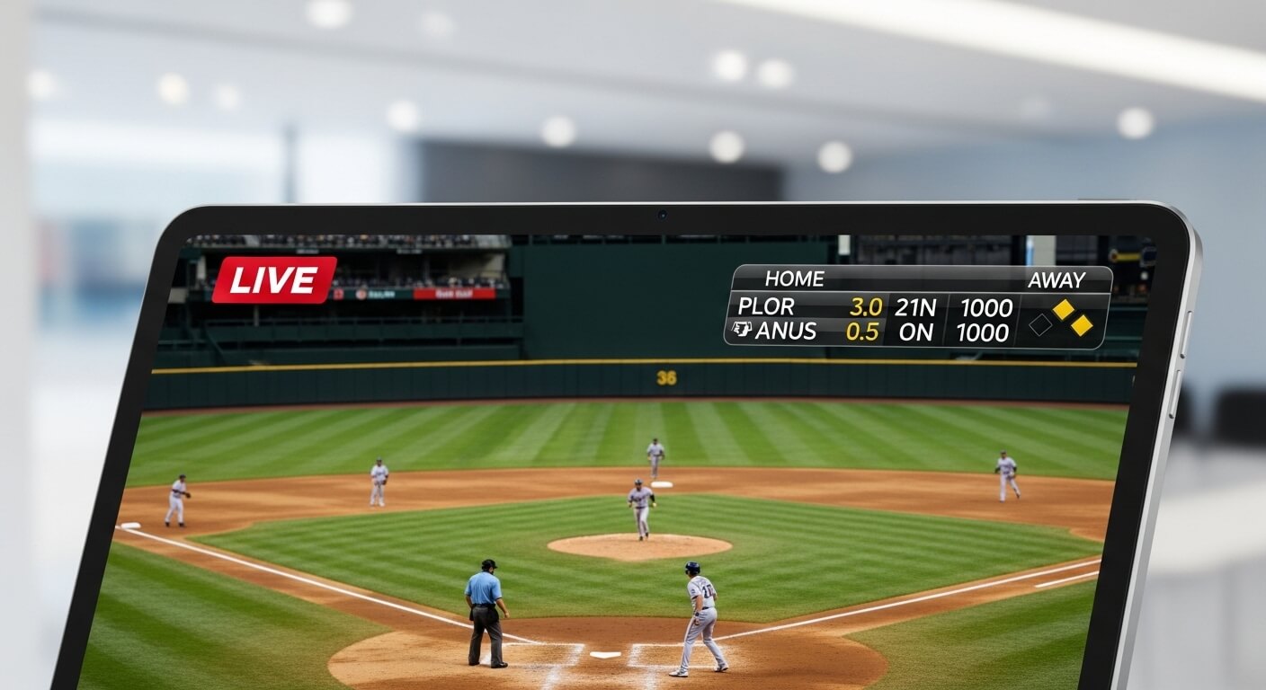 태블릿 화면에서 야구 경기 실황과 점수판을 함께 확인하는 모습