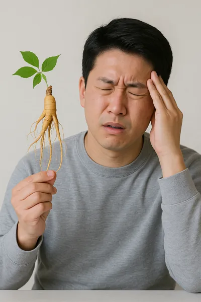 산삼 들고 두통 호소하는 남성