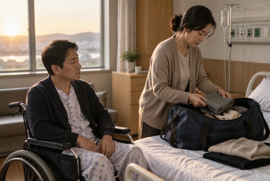 재활병원 전원을 앞두고 짐을 싸는 뇌출혈 환자 부부