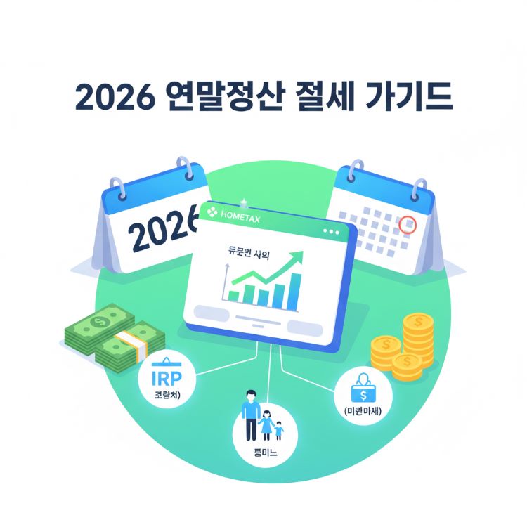 "2026 연말정산 테마 일러스트: 홈택스 화면에 환급 그래프 상승, 가족(자녀&middot;부부) 아이콘과 IRP&middot;월세 아이콘, 배경 달력&middot;돈뭉치, 밝은 그린/블루 톤, 텍스트 '2026 연말정산 절세 가이드' 오버레이, 고해상도 벡터."
