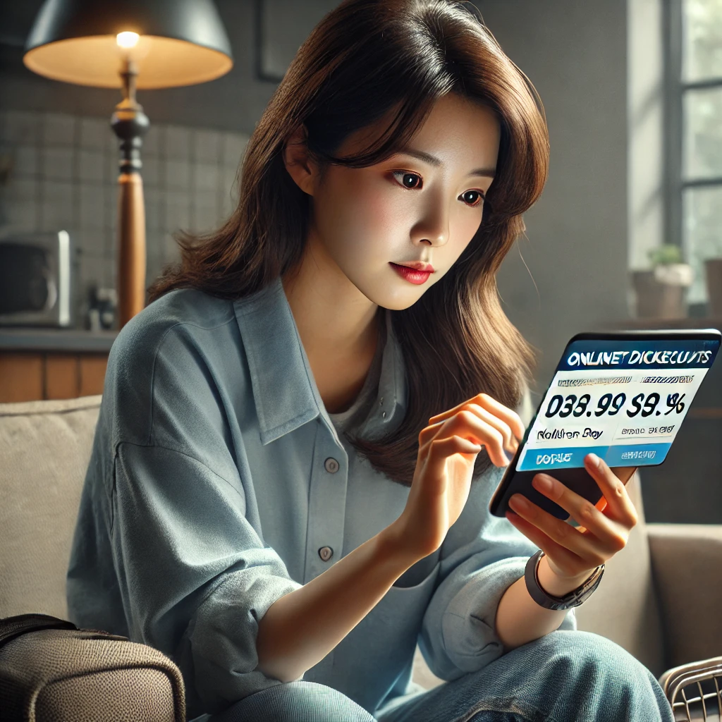 할인 정보를 스마트폰으로 검색 중인 엄마