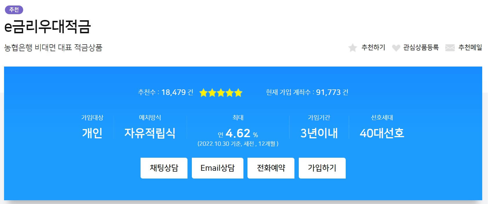 NH농협의 e금리우대적금상품, 최고 우대금리를 4.62%까지 적용받는 것이 가능하다.