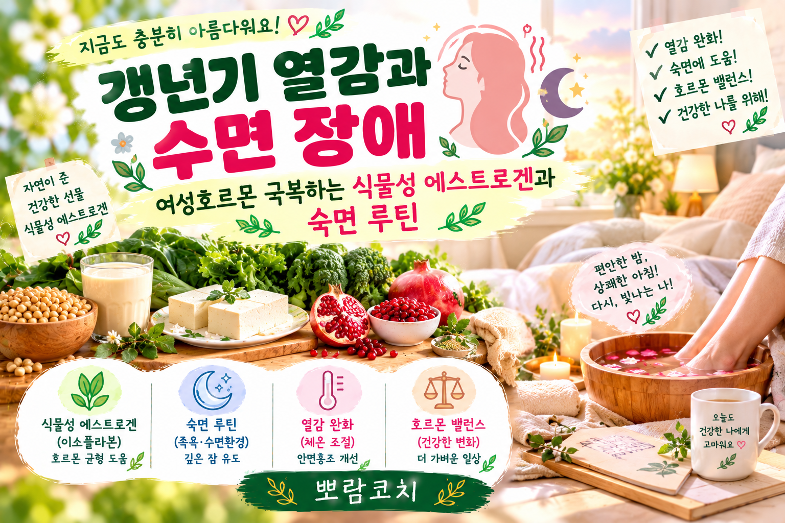 정갈하게 잘라진 고소한 두부와 붉은 석류 알갱이가 정갈하게 차려진 건강 식탁 이미지
김이 모락모락 나는 대동이 안에서 따뜻하게 족욕을 즐기며 편안히 휴식하는 모습