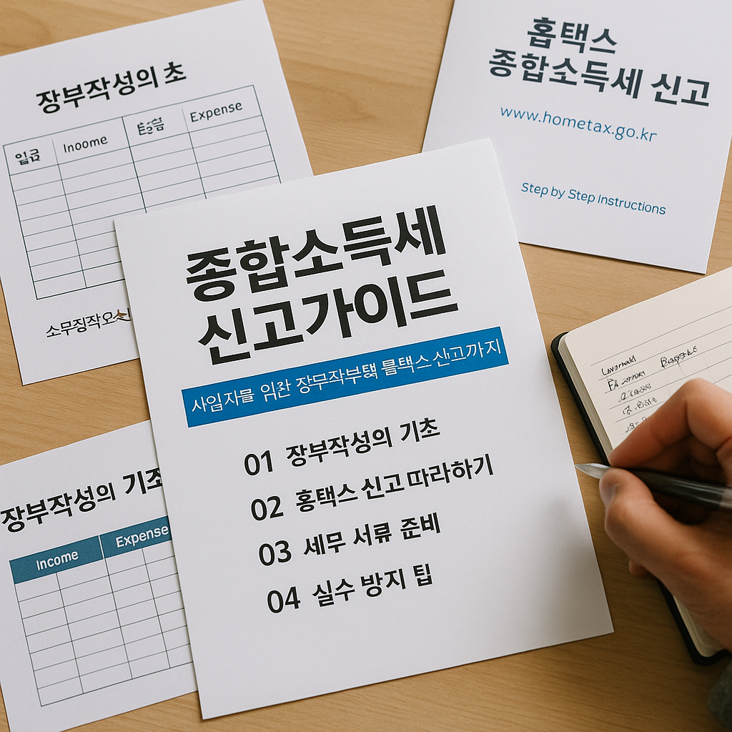 나무 책상 위에 놓인 종합소득세 신고 가이드 문서와 장부작성 양식&amp;#44; 한 손이 수기 노트에 숫자를 작성하며 신고 준비를 하는 모습.