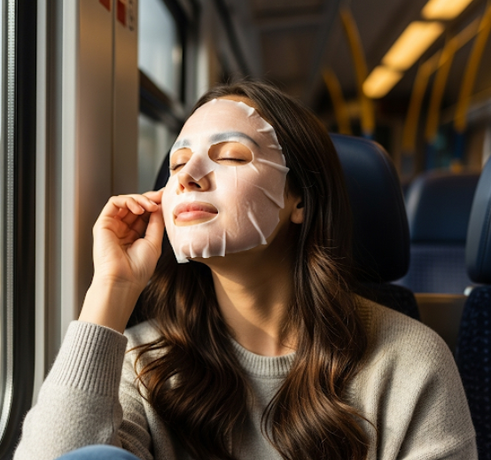 한 여성이 마스크팩을 하고 여행을 즐기는 모습