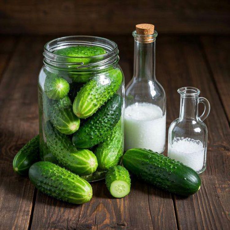 아삭하게 잘 익은 오이지가 항아리와 유리병에 담겨 있고, 싱싱한 오이와 소금, 설탕, 식초 등 재료가 함께 놓인 여름 주방 풍경