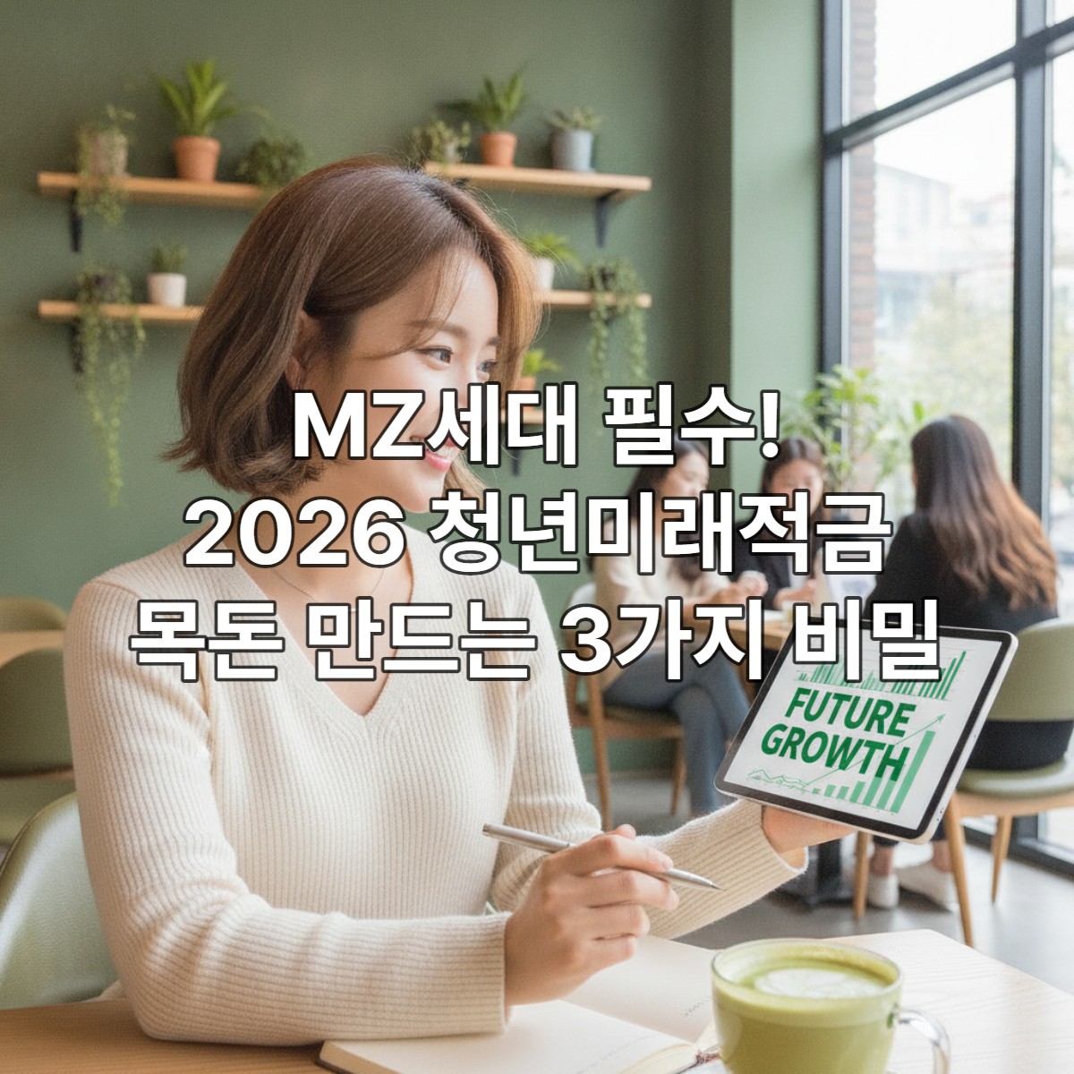 태블릿으로 금융 차트를 보며 미소 짓는 한국인 청년 여성이 2026 청년미래적금으로 목돈을 계획하는 모습.
