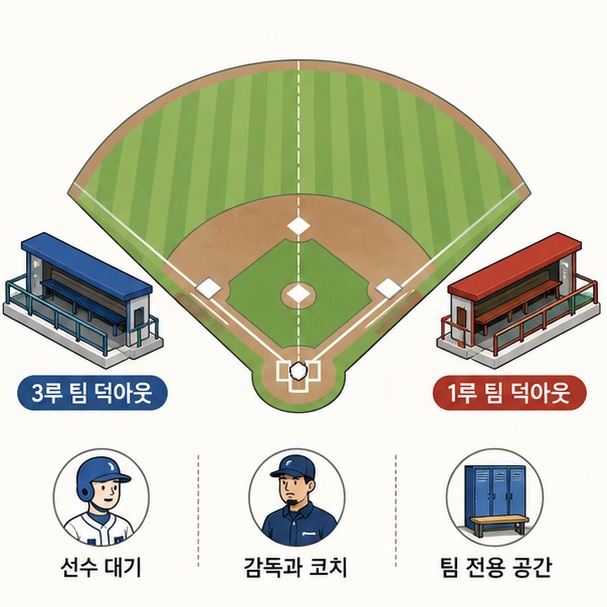 야구장의 1루 또는 3루 쪽에 홈팀과 원정팀의 덕아웃이 각각 위치하는 모습을 보여주는 그림