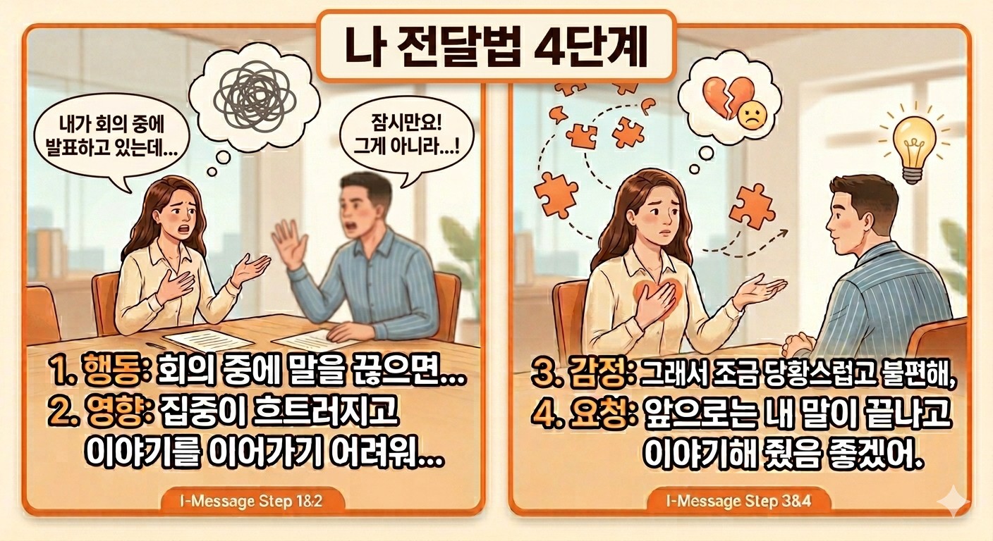나 전달법 4단계 구조 예시 (행동&middot;영향&middot;감정&middot;요청) 이미지