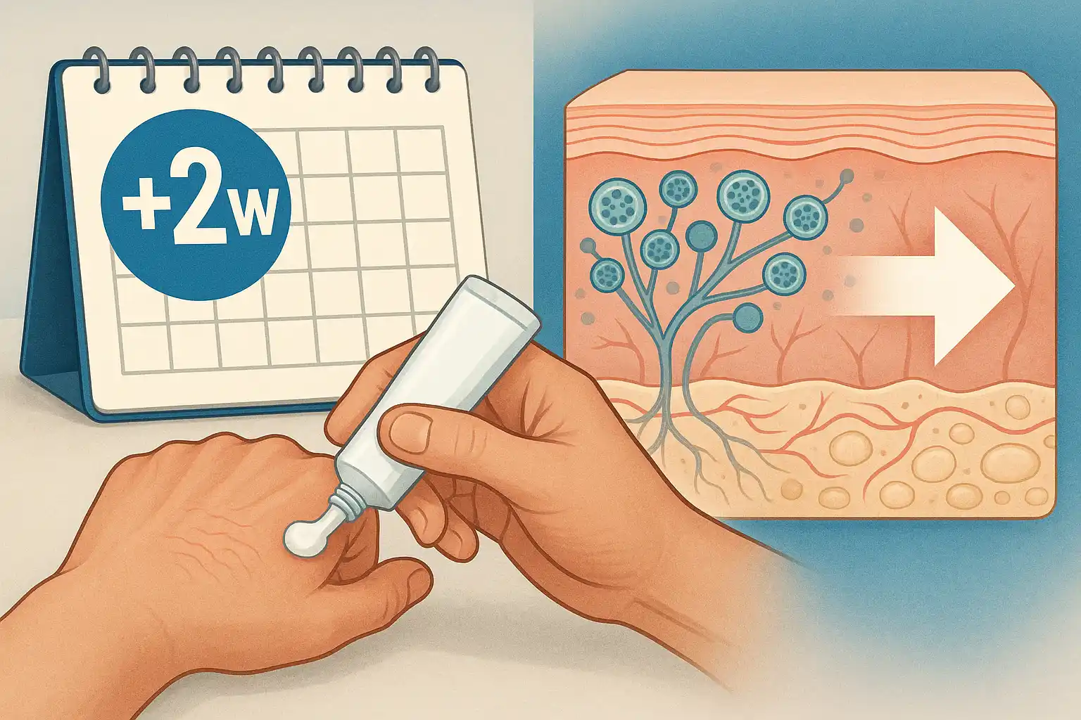 연고를 바르는 손과 함께 ‘+2주’ 아이콘이 강조된 캘린더, 피부 속 남아 있는 곰팡이 포자가 사라지는 모습
