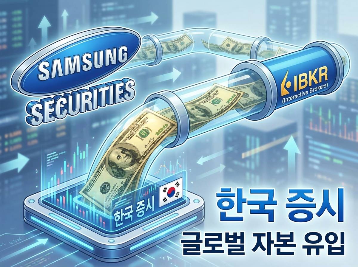 삼성증권 로고와 IBKR(Interactive Brokers) 로고가 파이프라인으로 연결되어 한국 증시로 거대한 달러 지폐가 쏟아져 들어오는 3D 인포그래픽
