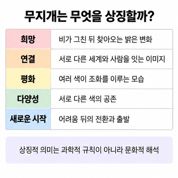 무지개가 희망 연결 평화 다양성 새로운 시작을 상징하는 문화적 의미를 정리한 인포그래픽