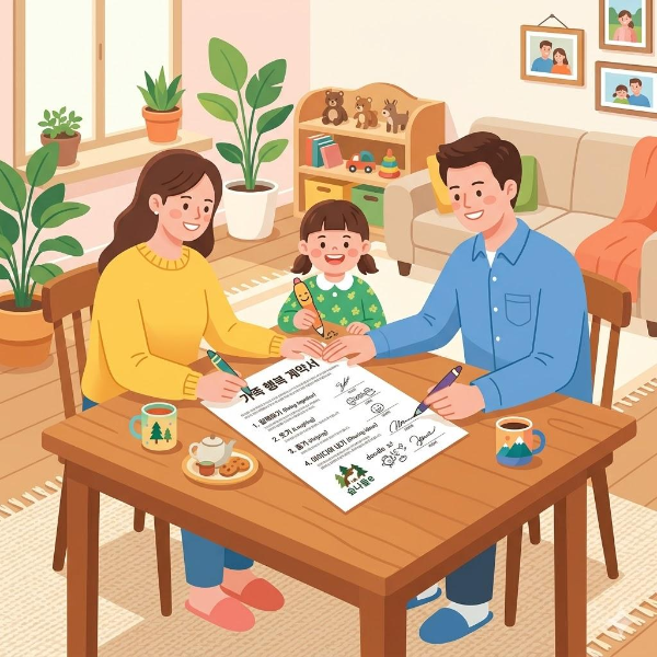 차용증 작성 완료 후 안도하는 부모와 자녀
